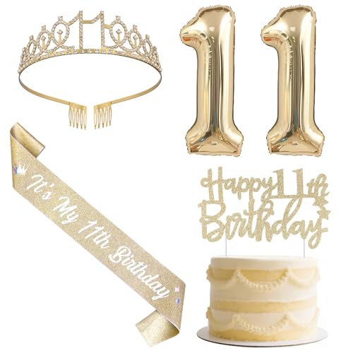 SHADOAMP Happy 11th Birthday Decorations for Girls, Including Gold Number 11 Foil Balloon, Glitter Cake Topper, 11th Birthday Sash and Tiara for 11 Year Old Girl Bday Decorations SHADOAMP Happy 11th Birthday Decorations for Girls, Including Gold Number 11 Foil Balloon, Glitter Cake Topper, 11th Birthday Sash and Tiara for 11 Year Old Girl Bday Decorations von SHADOAMP