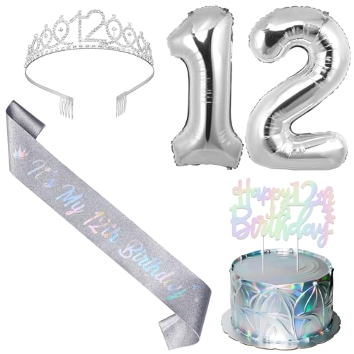 SHADOAMP Happy 12th Birthday Decorations for Girl, Including Silver 12th Bday Tiara, Number 12 Foil Balloon, Iridescent Cake Topper, and It's My 12th Birthday Sash for 12 Year Old Girl Bday Decors von SHADOAMP