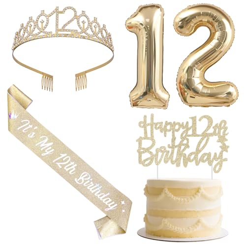 SHADOAMP Happy 12th Birthday Decorations for Girls, Including Gold Number 12 Foil Balloon, Glitter Cake Topper, 12th Birthday Sash and Tiara for 12 Year Old Girl Bday Decorations von SHADOAMP