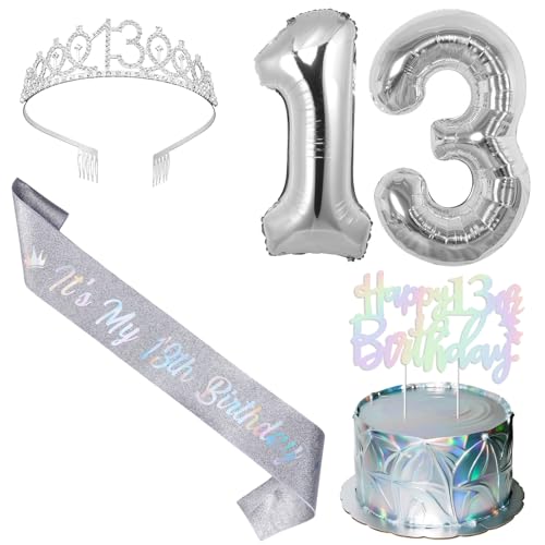 SHADOAMP Happy 13th Birthday Decorations for Girl, Including Silver 13th Bday Tiara, Number 13 Foil Balloon, Iridescent Cake Topper, and It's My 13th Birthday Sash for 13 Year Old Girl Bday Decors von SHADOAMP