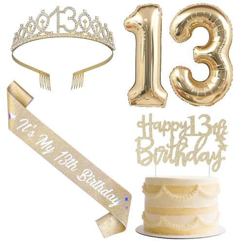 SHADOAMP Happy 13th Birthday Decorations for Girls, Including Gold Number 13 Foil Balloon, Glitter Cake Topper, 13th Birthday Sash and Tiara for 13 Year Old Girl Bday Decorations von SHADOAMP