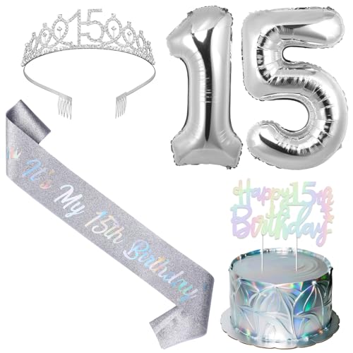 SHADOAMP Happy 15th Birthday Decorations for Girl, Including Silver 15th Bday Tiara, Number 15 Foil Balloon, Iridescent Cake Topper, and It's My 15th Birthday Sash for 15 Year Old Girl Bday Decors von SHADOAMP