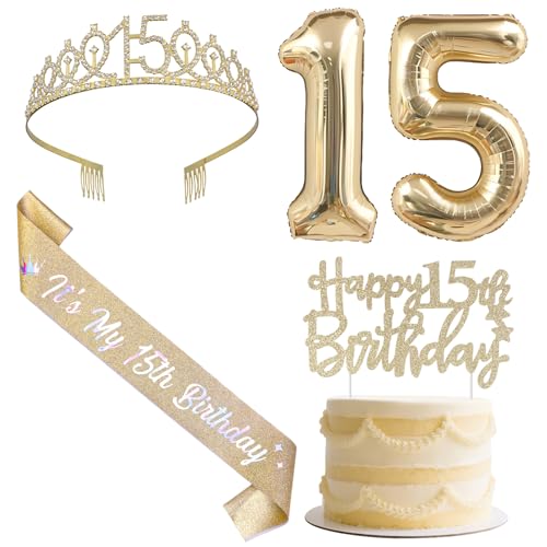 SHADOAMP Happy 15th Birthday Decorations for Girls, Including Gold Number 15 Foil Balloon, Glitter Cake Topper, 15th Birthday Sash and Tiara for 15 Year Old Girl Bday Decorations von SHADOAMP