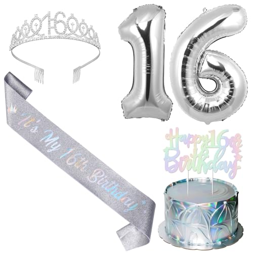 SHADOAMP Happy 16th Birthday Decorations for Girl, Including Silver 16th Bday Tiara, Number 16 Foil Balloon, Iridescent Cake Topper, and It's My 16th Birthday Sash for 16 Year Old Girl Bday Decors von SHADOAMP