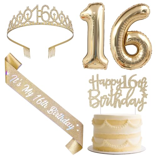 SHADOAMP Happy 16th Birthday Decorations for Girls, Including Gold Number 16 Foil Balloon, Glitter Cake Topper, 16th Birthday Sash and Tiara for 16 Year Old Girl Bday Decorations von SHADOAMP