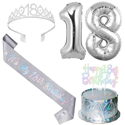 SHADOAMP Happy 18th Birthday Decorations for Girl, Including Silver 18th Bday Tiara, Number 18 Foil Balloon, Iridescent Cake Topper, and It's My 18th Birthday Sash for 18 Year Old Girl Bday Decors von SHADOAMP