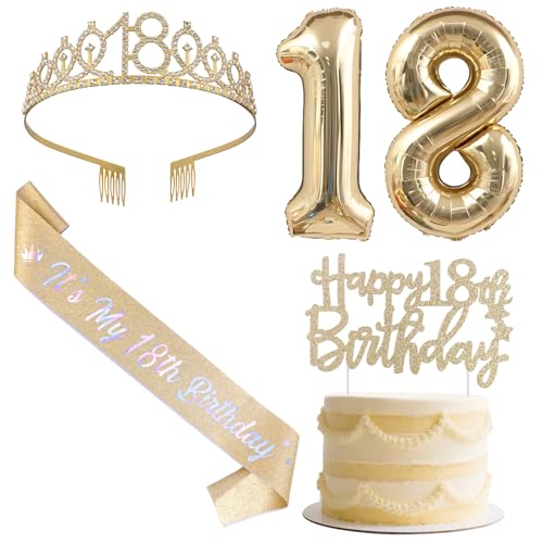 SHADOAMP Happy 18th Birthday Decorations for Girls, Including Gold Number 18 Foil Balloon, Glitter Cake Topper, 18th Birthday Sash and Tiara for 18 Year Old Girl Bday Decorations von SHADOAMP