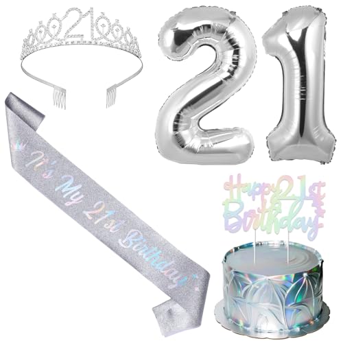 SHADOAMP Happy 21st Birthday Decorations for Girl, Including Silver 21st Bday Tiara, Number 21 Foil Balloon, Iridescent Cake Topper, and It's My 21st Birthday Sash for 21 Year Old Girl Bday Decors von SHADOAMP
