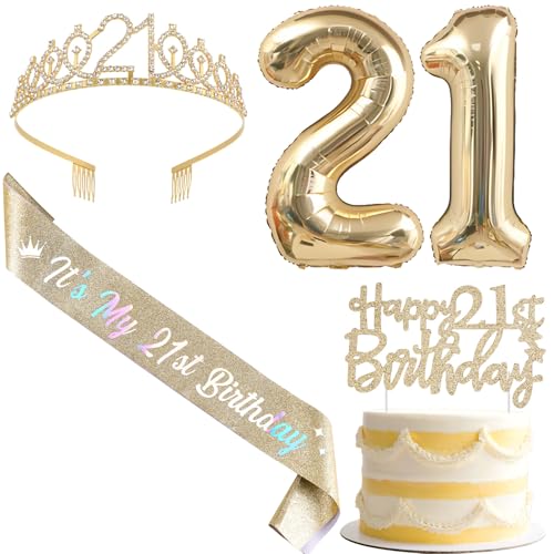 SHADOAMP Happy 21st Birthday Decorations for Girls, Including Gold Number 21 Foil Balloon, Glitter Cake Topper, 21st Birthday Sash and Tiara for 21 Year Old Girl Bday Decorations von SHADOAMP