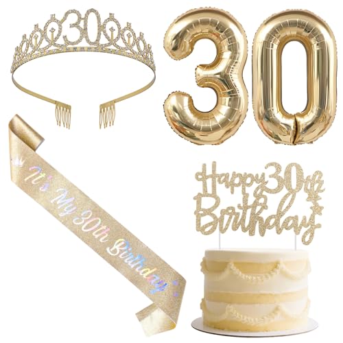 SHADOAMP Happy 30th Birthday Decorations for Women, Including Gold Number 30 Foil Balloon, Glitter Cake Topper, 30th Birthday Sash and Tiara for 30 Year Old Women Bday Decorations von SHADOAMP