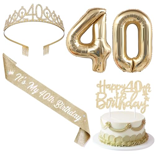 SHADOAMP Happy 40th Birthday Decorations for Women, Including Gold Number 40 Foil Balloon, Glitter Cake Topper, 40th Birthday Sash and Tiara for 40 Year Old Women Bday Decorations von SHADOAMP