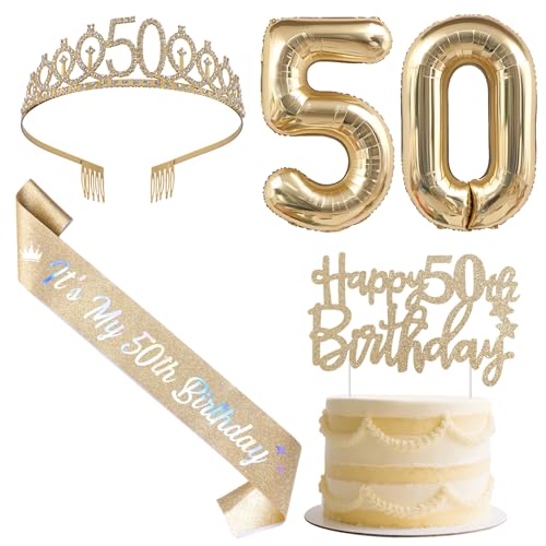 SHADOAMP Happy 50th Birthday Decorations for Women, Including Gold Number 50 Foil Balloon, Glitter Cake Topper, 50th Birthday Sash and Tiara for 50 Year Old Women Bday Decorations von SHADOAMP