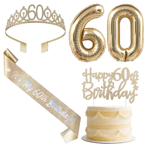 SHADOAMP Happy 60th Birthday Dekorationen für Frauen, einschließlich Gold Nummer 60 Folienballon, Glitzer Cake Topper, 60 Geburtstag Schärpe und Tiara für 60 Jahre alte Frauen Geburtstag Dekorationen von SHADOAMP