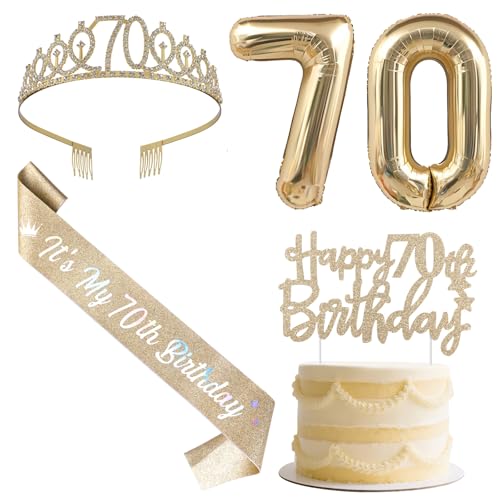 SHADOAMP Happy 70th Birthday Decorations for Women, Including Gold Number 70 Foil Balloon, Glitter Cake Topper, 70th Birthday Sash and Tiara for 70 Year Old Women Bday Decorations von SHADOAMP