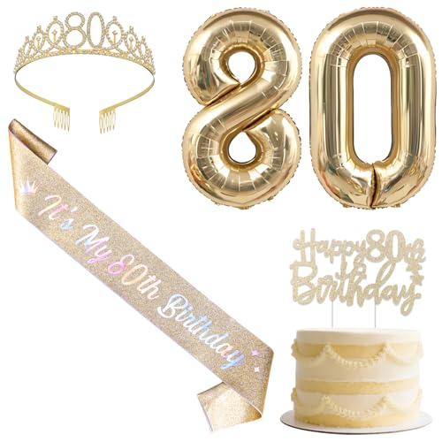 SHADOAMP Happy 80th Birthday Decorations for Women, Including Gold Number 80 Foil Balloon, Glitter Cake Topper, 80th Birthday Sash and Tiara for 80 Year Old Women Bday Decorations von SHADOAMP
