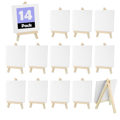 14Stück Mini Leinwand mit Staffelei, SHAIDOJIO 8x15cm Staffelei Klein mit 10x10cm Mini Leinwand, Faltbare Klein Tischstaffelei Holz für Display für Fotos Gemälde Hochzeit Kinder Partys Telefone von SHAIDOJIO