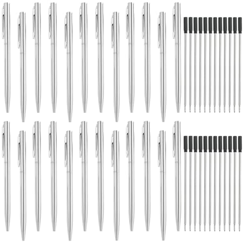 SHAIDOJIO 24Stück Metall Kugelschreiber, 1,0MM Schwarzer Kugelschreiber mit 24 Nachfüllungen, Drehung Schwarze Tinte Stift, Schlank Kugelschreiber für Business Hochzeit Büro(Silber) von SHAIDOJIO