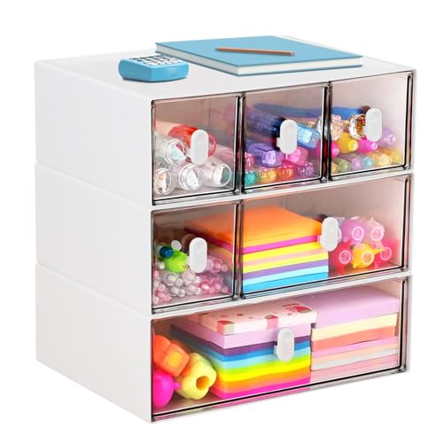 Schreibtisch Organizer mit 6 Schublade, SHAIDOJIO 3-Lagen Stapelbare Transparent Büro Organizer, Weiß Schreibtischorganizer Multifunktionale Kosmetikkoffer für Schule Zuhause Badezimmer Schlafzimmer von SHAIDOJIO