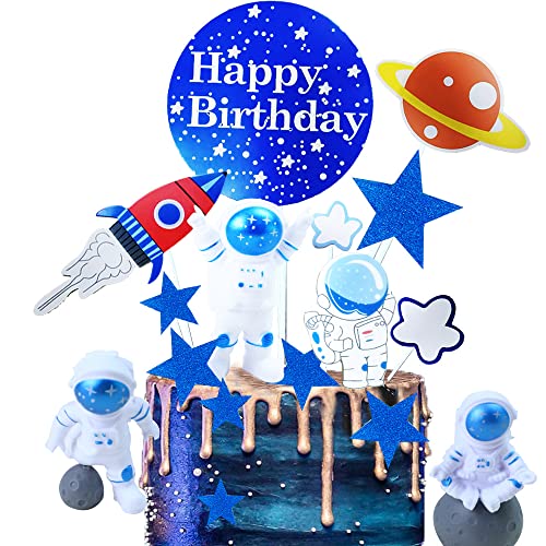 SHAMO 16 Stück Astronauten Dekoration, Weltraum Raumschiff Thema Party Deko, Spaceman, Weltraum, Rakete, Planeten, Sterne Cupcake Topper, für Mottoparty Kinder Geburtstagstorte Dekoration（blaue） von SHAMO
