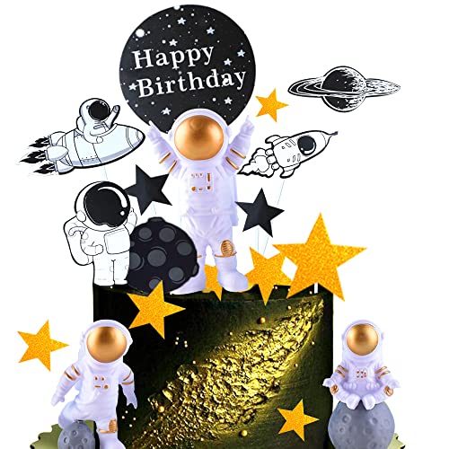 SHAMO 18 Stück Astronauten Dekoration, Weltraum Raumschiff Thema Party Deko, Spaceman, Weltraum, Rakete, Planeten, Sterne Cupcake Topper, für Mottoparty Kinder Geburtstagstorte Dekoration（Gold） von SHAMO
