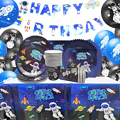 SHAMO 64 Stück Weltraum Partygeschirr, Astronauten Partygeschirr Set, Inkl Happy Birthday Banner, Teller, Becher, Servietten, Tischdecke, Ballons, für Party Deko Geburtstag von SHAMO