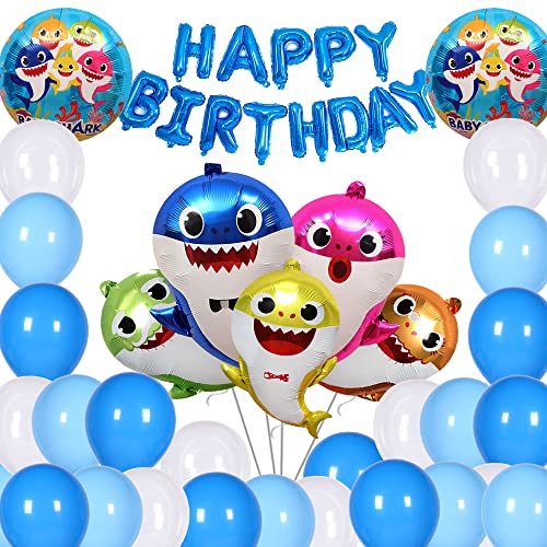 Shamoparty Shark Partei Luftballons, 33 Stück Hai Thema Geburtstagsfeier Deko, Inkl Shark Geburtstag Banner, Latex Luftballons, Folienballons, für Kindergeburtstag Shark Party Dekoration von SHAMO
