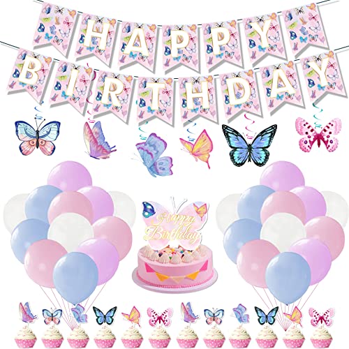 Schmetterling Geburtstag Dekoration, Happy Birthday Banner,Luftballons,Schmetterling hängende Wirbel Deko,Kuchendeckel,Cupcake-Topper für Mädchen Kinder von SHAMO