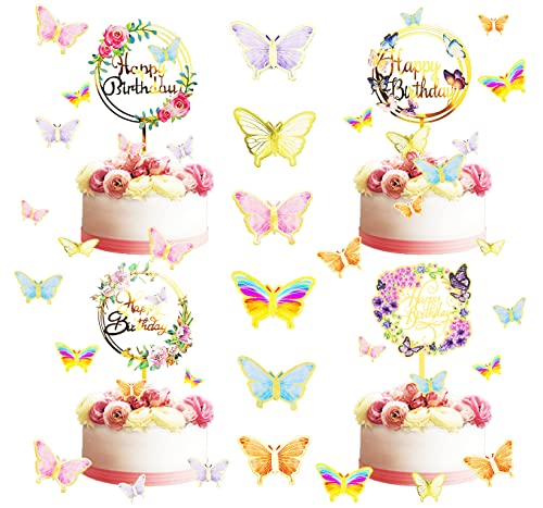 Schmetterlinge und Blumen Kuchenaufsätze 64 Stücke, cake topper taufe personalisiert acryl, Happy Birthday Tortendeko-Blumen,Bunt-Schmetterlinge Kuchenaufsätze von SHAMO