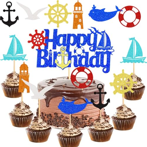 Shamo 13 Stk Pirate Tortenstecker Piraten Kuchendeckel Happy Birthday Cake Toppers Set Piraten Kuchen Topper Cupcake für Kinder Mädchen Junge Halloween Party Muffin Deko von SHAMO