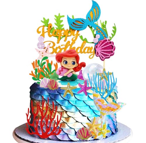 kuchendeko Mermaid Geburtstag,Niedliche Meerjungfrauenfigur,Cake Ornaments für Sea Party,Tortendeko Unterwasserwelt,Glitzernde Meereselemente, Wasserpflanzen, Fischschwanzdekoration von Shamoparty