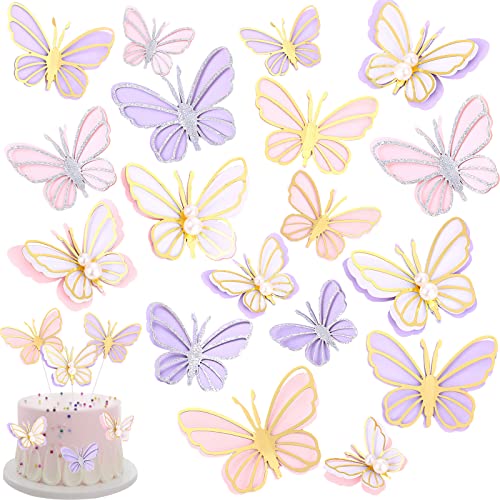18Pcs Schmetterling Kuchen Toppers, 3D Schmetterling Cupcake Toppers, Rosa Lila Gold Rand Gemischte Größe Schmetterling Cupcake Toppers für Baby Dusche Hochzeit Jubiläum Geburtstags Kuchen Zubehör von SHANFAA