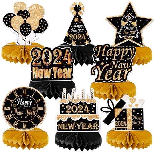 2024 Happy New Year Eve Honeycomb Centerpieces Party Decorations, 8 PCS Black Gold New Year Theme Table Topper Silvester Tafelaufsätze Dekorationen für Silvester 2024 Party Dekoration Supplies von SHANFAA