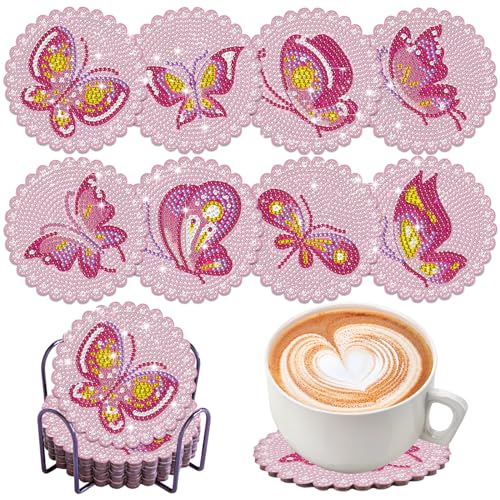 8-Stücke Diamond Painting Untersetzer mit Halter, DIY Rosa Schmetterling Diamant Kunst Cup Untersetzer Diamant Kunst Malerei Kits für Erwachsene Kinder, Diamond Painting Kunst Handwerk Supplies von SHANFAA