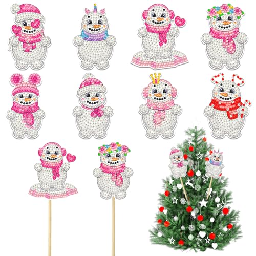 8-Stücke Rosa Schneemann Diamond Painting Sets, DIY 5D Diamond Kunst Painting für Garten Dekor, Nette Schneemann Stakes Diamond Kunst Kits, Weihnachten Schneemann Diamant Malerei Ornamente Zubehör von SHANFAA