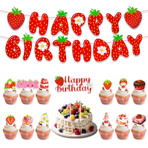 Geburtstagsparty-Dekoration mit Erdbeer-Motiv, Erdbeer-"Happy Birthday"-Banner und 13-teiliges Kuchenaufsatz, Beeren-Süße-Mädchen-Partyzubehör Geburtstagsparty-Dekoration mit Erdbeer-Motiv, Erdbeer-"Happy Birthday"-Banner und 13-teiliges Kuchenaufsatz, Beeren-Süße-Mädchen-Partyzubehör von SHANFAA