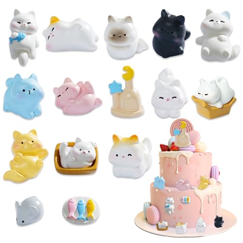 Katzen-Kuchenaufsätze, 15 Stück Mini-Katzen-Figuren aus Harz mit Fisch-Maus-Schloss, Zubehör, niedliche Mini-Katzen-Party-Dekorationen, Kuchendekorationsset für Geburtstagsparty, DIY-Terrarium von SHANFAA