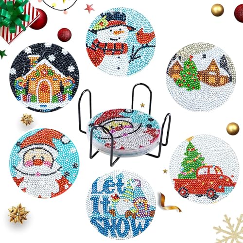 6 Stück Diamond Painting Untersetzer mit Halter, Weihnachten Diamond Art Painting Untersetzer, Diamant-Malsets, DIY-Weihnachten-Untersetzer zum Basteln Erwachsene (6PCS Weihnachten) von SHANFAA