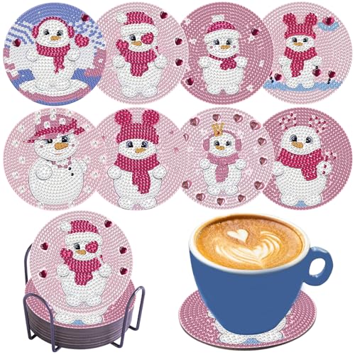 8-Stücke Diamond Paintings Untersetzer Kit mit Halter, Rosa Schneemann Diamant Kunst Untersetzer Kits für Anfänger, Erwachsene, Kinder Diamond Paintings Kunst Handwerk Zubehör von SHANFAA