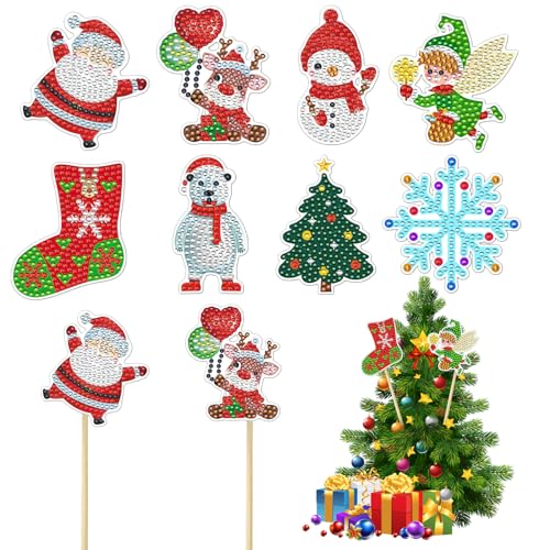 SHANFAA 8 Stücke Weihnachts Diamond Painting Sets, DIY 5D Diamond Painting Weihnachtsbaum Dekoration, Weihnachtsstahl Diamond Kunst Kits, Weihnachts Diamond Painting Ornament Zubehör von SHANFAA