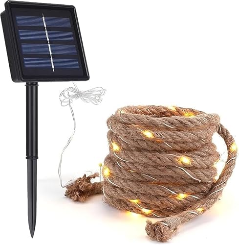 SHANJIA Solar-Lichterkette, LED, dekorativ, Garten, Naturhanf, Seil, Lichterkette, wasserdicht, für Garten, Outdoor, Dekoration für Pavillon, Weihnachten, Camping (Warmweiß, 10 m, 120 LED) von SHANJIA