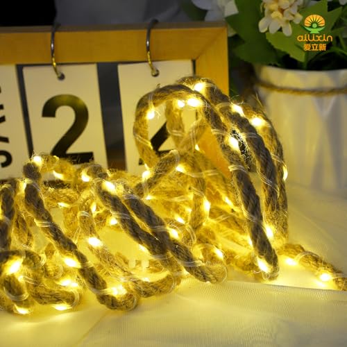 SHANJIA Solar-Lichterkette, LED, dekorativ, Garten, Naturhanf, Seil, Lichterkette, wasserdicht, für Garten, Outdoor, Dekoration für Pavillon, Weihnachten, Camping (Warmweiß, 5 m, 50 LED) von SHANJIA