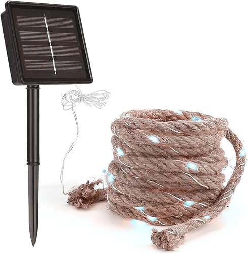SHANJIA Solar-Lichterkette, LED, dekorativ, Garten, natürliches Hanfseil, Lichterkette, wasserdicht, für Garten, Outdoor, Dekoration für Pavillon, Weihnachten, Camping (Weiß, 20 m, 200 LED) von SHANJIA