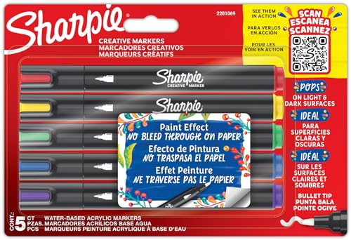 Sharpie Creative Marker Acryl-Farbstifte | Wasserbasierte Farbmarker mit Pinselspitze | Tinte durchdringt Papier nicht und schreibt auf den meisten Oberflächen | Verschiedene Farben | 5 Stück von SHARPIE