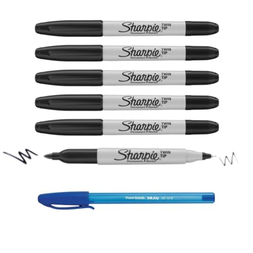 SHARPIE Twin Tip Permanentmarker, schwarz | Feine und ultrafeine Spitzen | 6 Stück + Paper Mate Stift Geschenk von SHARPIE