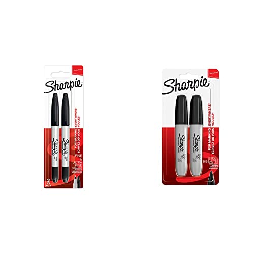SHARPIE Doppelseitiger Permanent Marker | Marker Stifte mit Doppelspitze (Fein & ultrafein) | schwarz | 2 Stück & Permanentmarker mit Keilspitze | schwarz | 2 Stück von SHARPIE