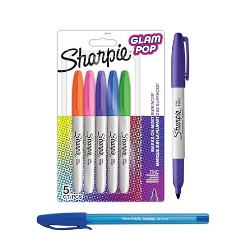 Sharpie Glam Pop Permanentmarker, feine Spitze für kräftige Details, lebendige Farben, 5 Marker + PaperMate Stift Sharpie Glam Pop Permanentmarker, feine Spitze für kräftige Details, lebendige Farben, 5 Marker + PaperMate Stift von SHARPIE