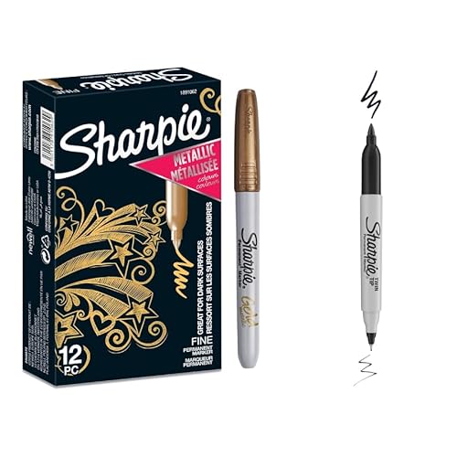 Sharpie Metallic Permanentmarker | Gold | Feine Spitze | 12 Stück + 1 Doppelspitze Schwarz von Sharpie