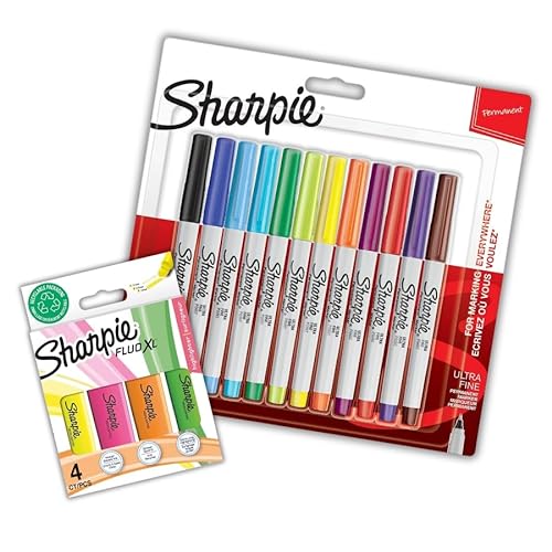 Sharpie Permanentmarker, ultrafeine Spitze für präzise Markierungen, verschiedene Farben, Keilspitze, Textmarker, 12 Marker + 4 Textmarker von SHARPIE