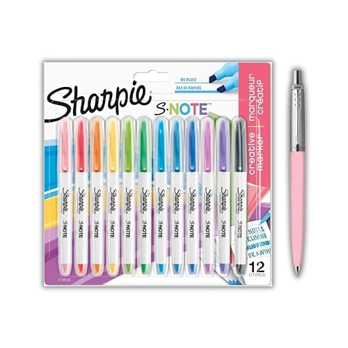 Sharpie S-Note Textmarker, Teilkunst-Marker, Teil-Textmarker zum Zeichnen, Schreiben und mehr, Pastellfarben, 12 Stück + Pastellstift (blaue Tinte) von SHARPIE