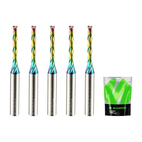 SHARPRO Spiralfräser-Bit, 1/4-Zoll-Schaft, 1/8-Zoll-Schnittdurchmesser, 2,5 cm CL. Extra lang, 5,4 cm ovl, Hartmetall-Upcut-CNC-Bits, ideal für Holzgravur, Tauchbeschichtung (5 Stück) von SHARPRO